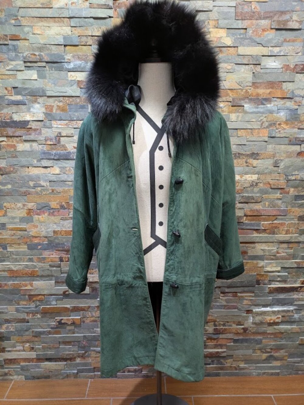 Hunter Green Nubuck and Leather Designer Parka with Real Fox Fur Hood, size larg